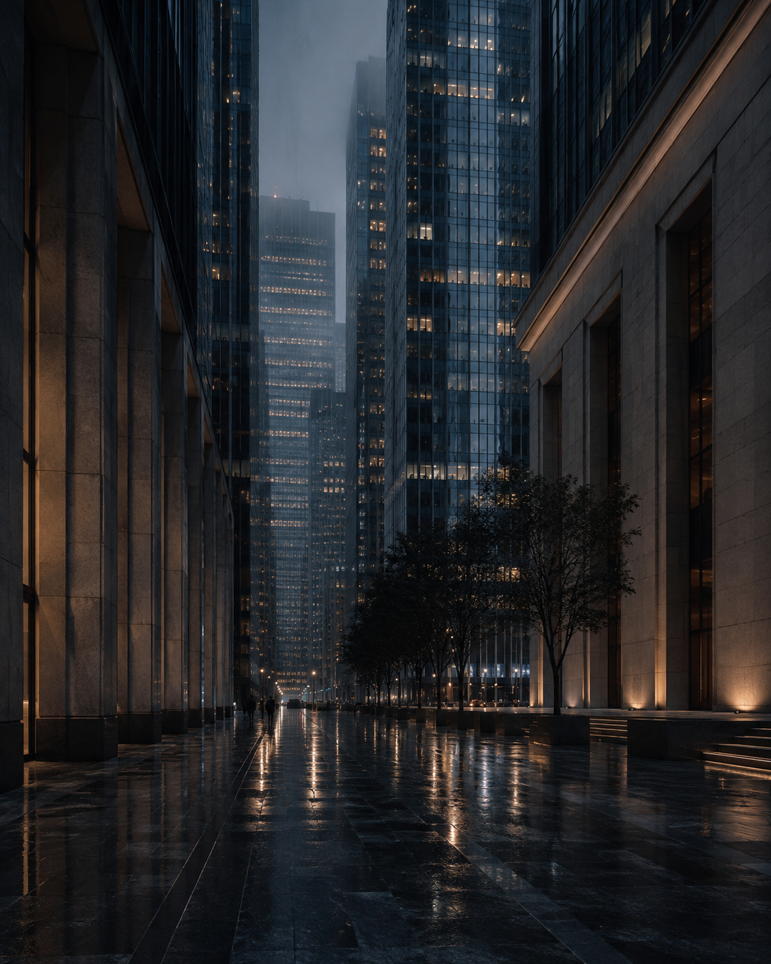 Institutional city canyon after rain