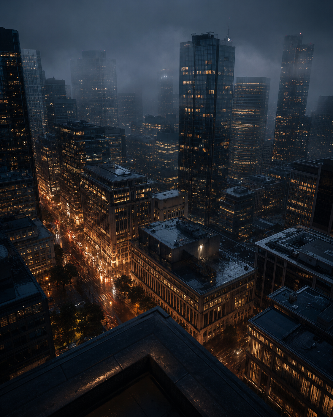 Blue-hour financial district skyline
