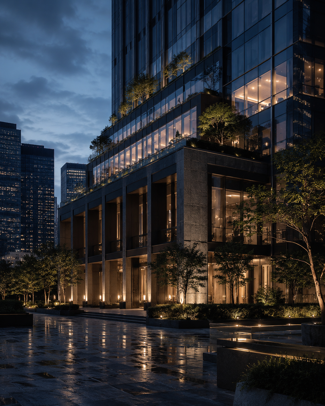 Blue-hour institutional real asset and financial district environment