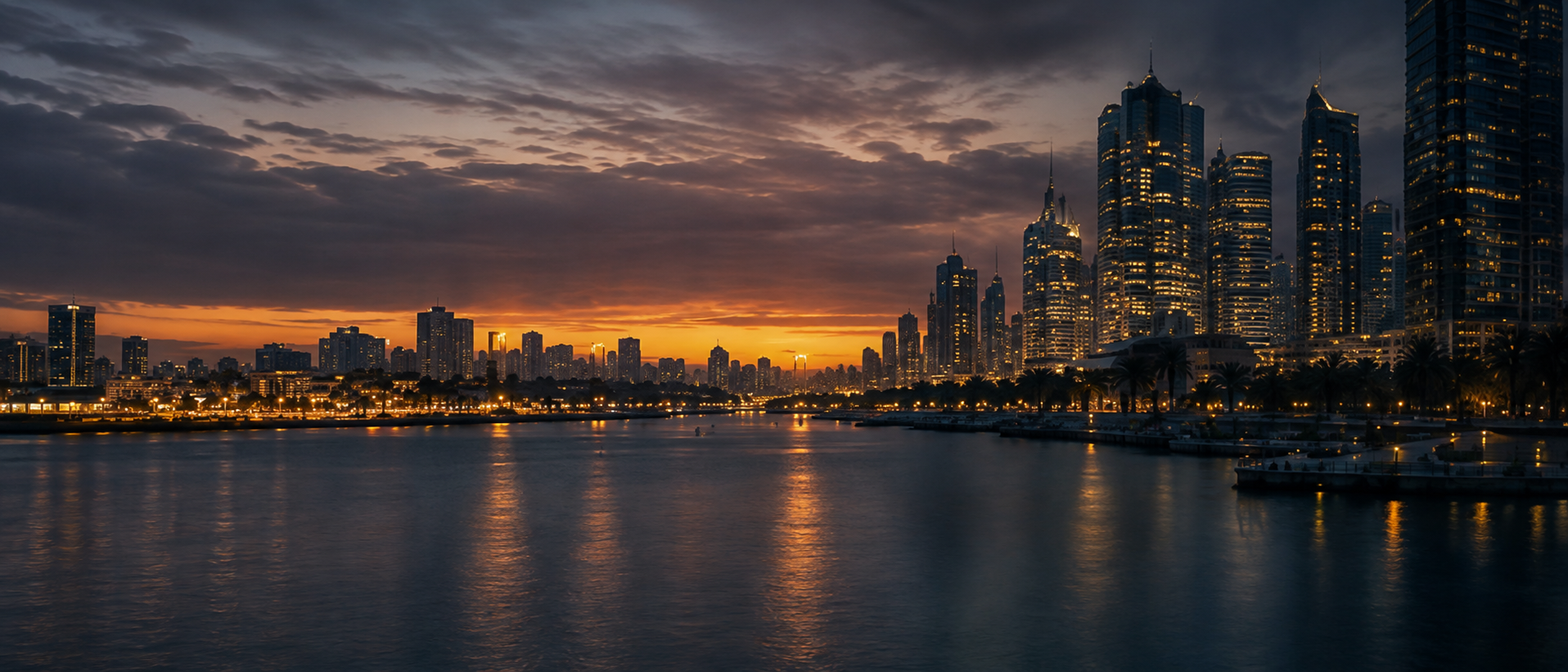 A waterfront financial district at dusk, towers lit against a sunset sky