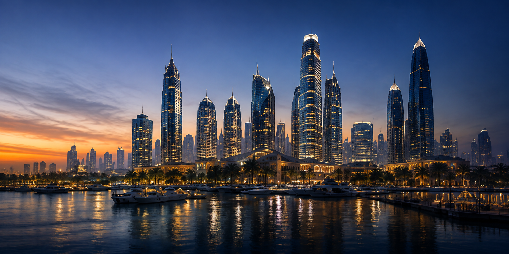 A Gulf capital waterfront skyline at blue hour, towers lit gold above a calm bay